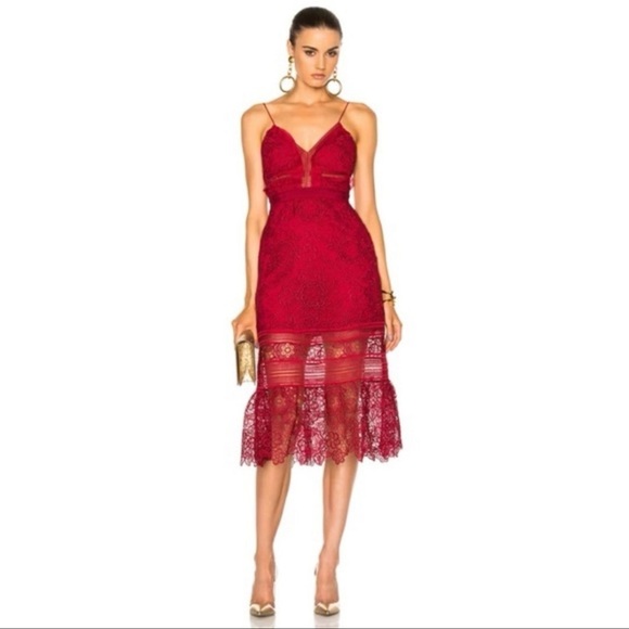 chinese dress ladies Burgundy Guipure Lace Midi Dress – self-portrait